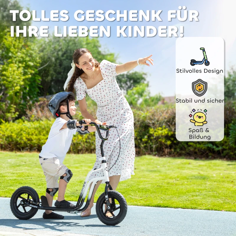 AIYAPLAY Kinderroller met verstelbaar stuur, grote wielen, parkeerstaand, handrem, voor kinderen van 5-12 jaar, Wit(m-7)