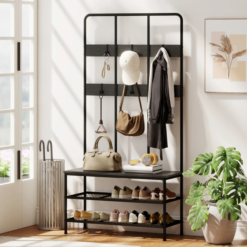 HOMCOM Appendiabiti da Ingresso 3 in 1 con 6 Ganci e Panca con Scarpiera, 91x36x180 cm, Nero