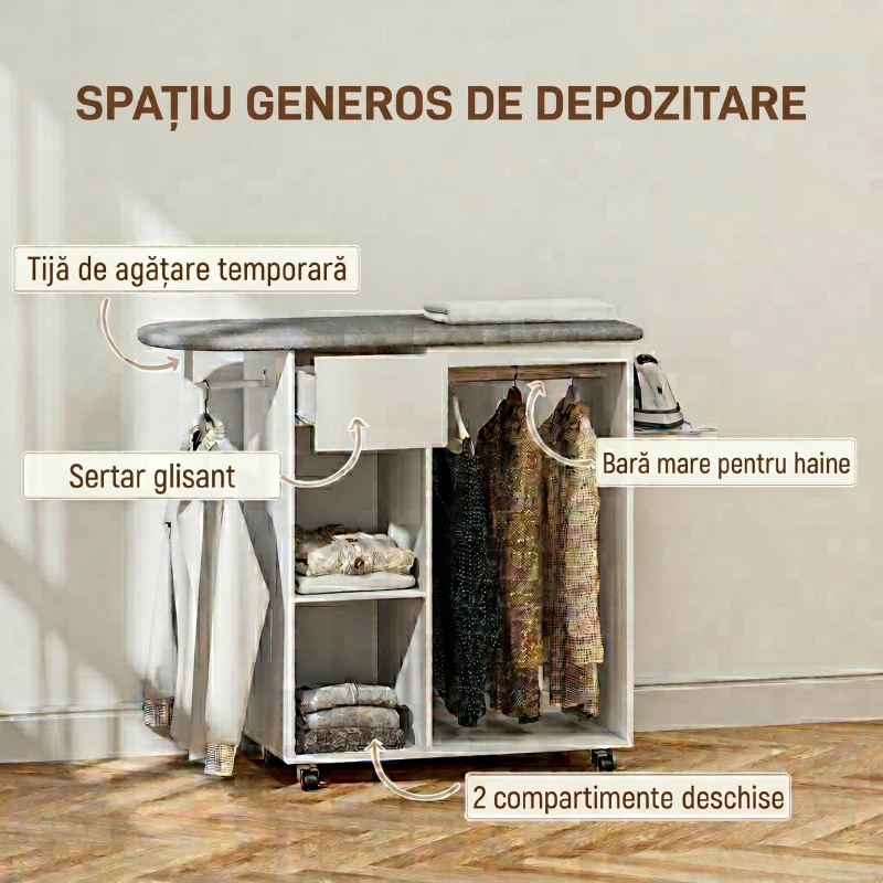 HOMCOM Dulap cu masă de călcat cu roți, suport pentru fier de călcat, bară pentru haine, sertar și rafturi, 125 x 43,5 x 112 cm, alb