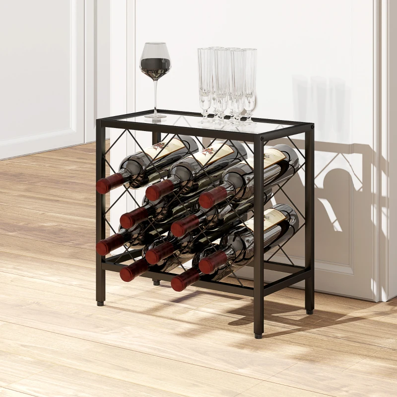 HOMCOM Suport pentru sticle de vin, 10 sticle, din oțel negru, cu blat din sticlă securizată, 41x22x41 cm