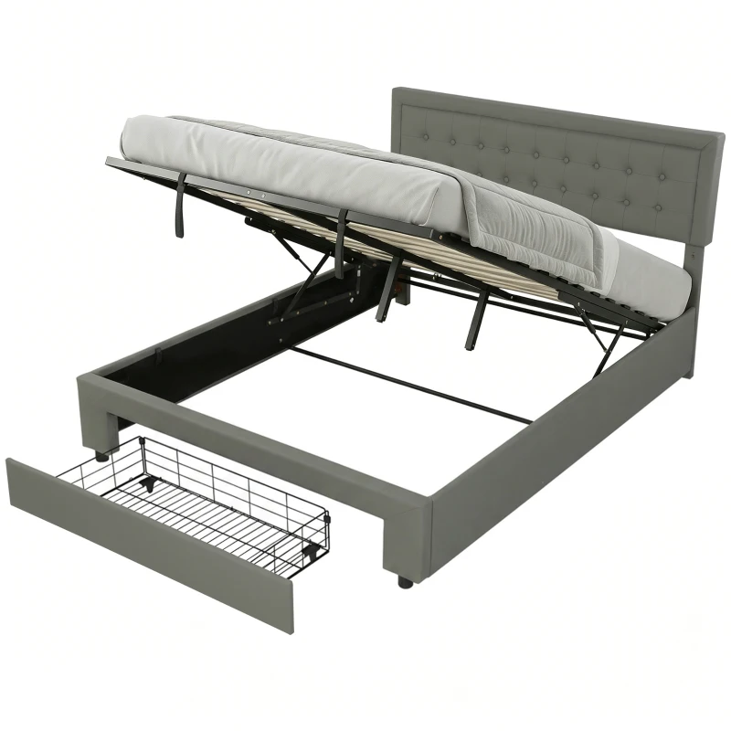 HOMCOM PU Leather King Size Ottoman Bed Frame, with Front Drawer - Grey