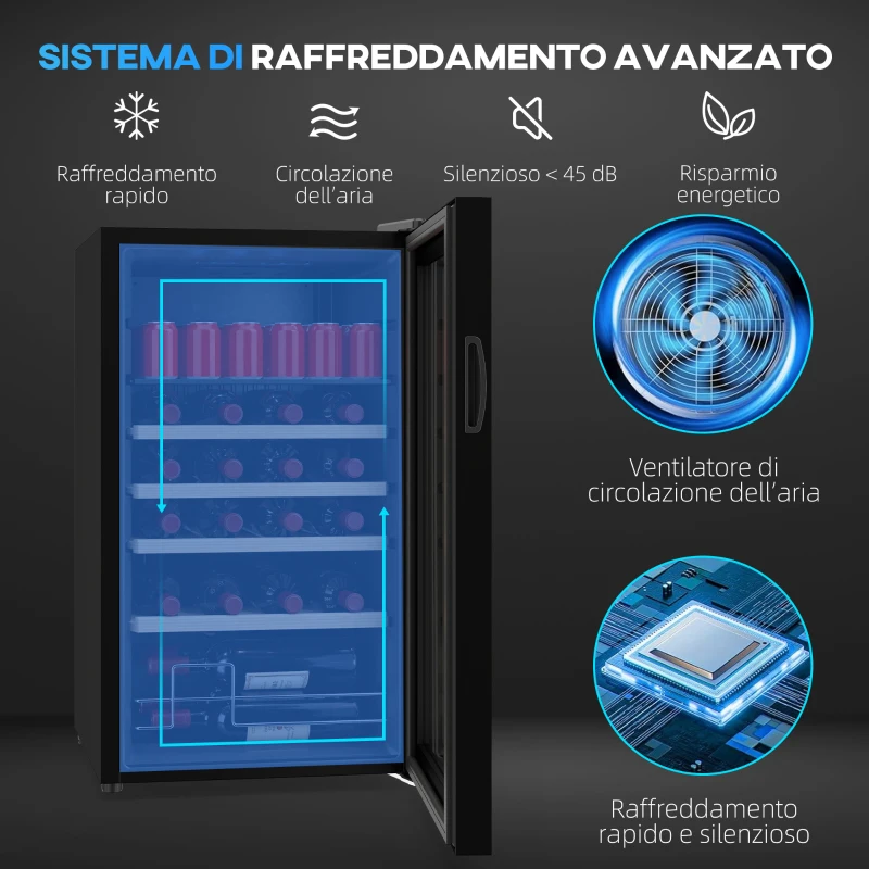 HOMCOM Cantinetta Frigo per Vino da 63L con Ripiani Regolabili per 16 Bottiglie e 25 Lattine, 43x45x74 cm, Nero