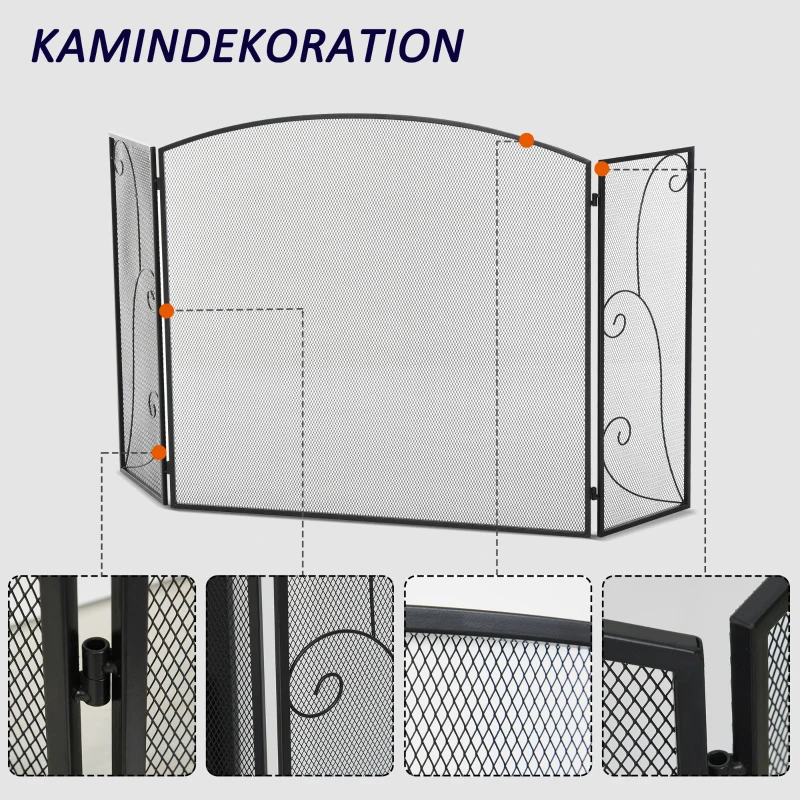 HOMCOM Vuurvonkbescherming voor haarden, 3 panelen, inklapbaar, flexibel, metaal, zwart, 132,5 x 76,5 cm.