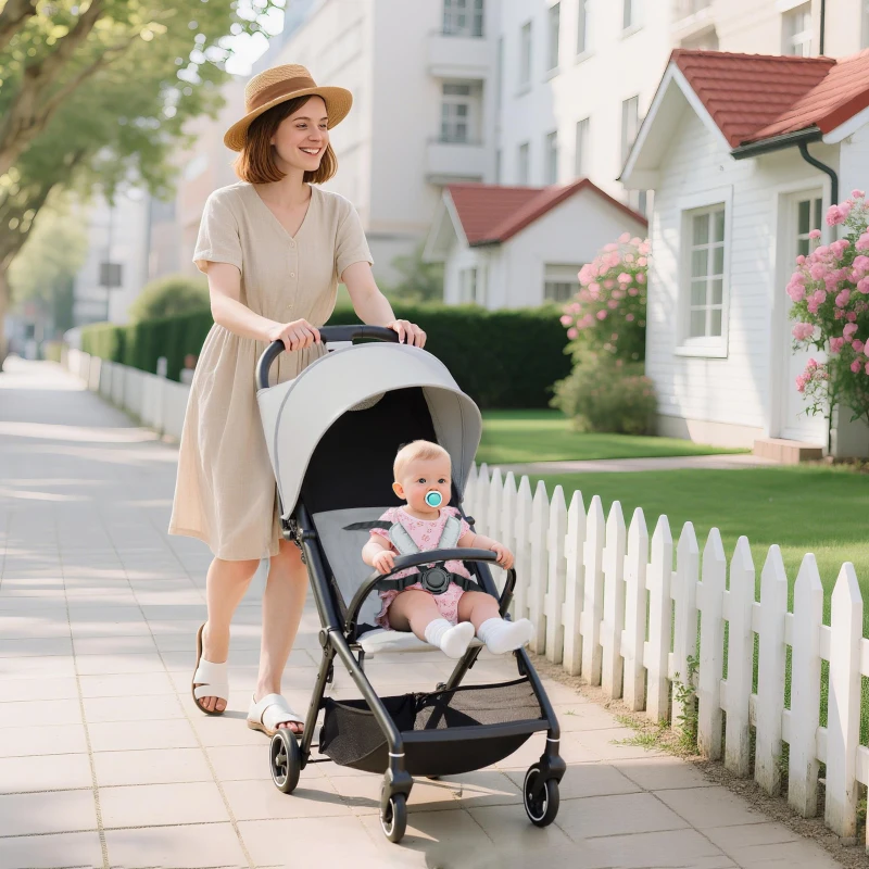 AIYAPLAY Travel Stroller, Lightweight Pushchair, Compact Buggy with Canopy, Basket and Multi-Position Recline, Light Grey