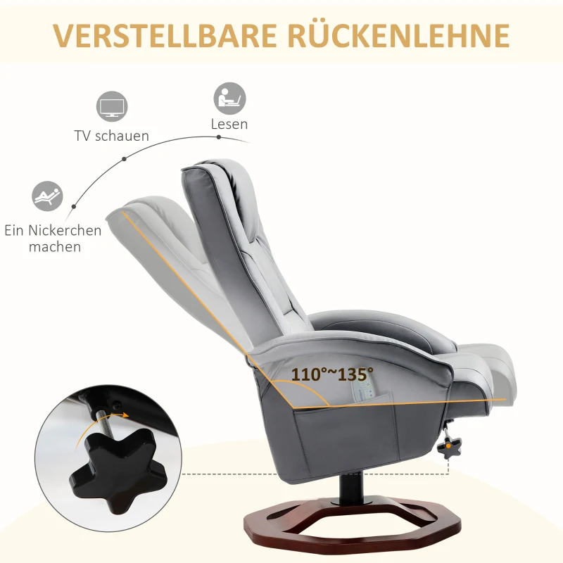 HOMCOM Massagestoel met hocker, ligfunctie, afstandsbediening, draaibaar, lederlook, tot 150 kg, donkergrijs