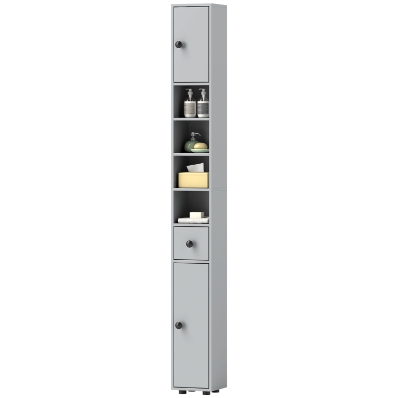 kleankin 180cm Slim Bathroom Cabinet, with Drawer, Shelves and Cupboards - Grey
