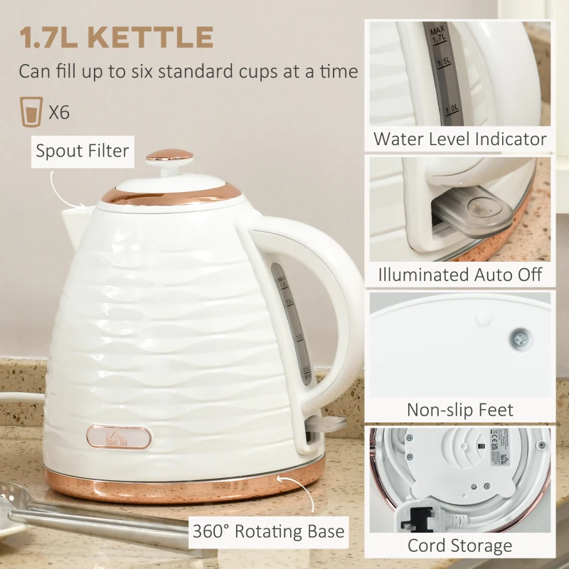 HOMCOM Kettle and Toaster Sets, 3000W 1.7L Rapid Boil Kettle & 4 Slice Toaster with 7 Browning Controls, Defrost, Reheat and Crumb Tray, UK Otter thermostat, Cream White