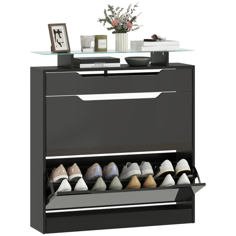 HOMCOM Armoire à Chaussures, 2 Tiroirs Rabattables, 1 Tiroir Coulissant, 1 Comptoir, 89x23x96cm, Noir