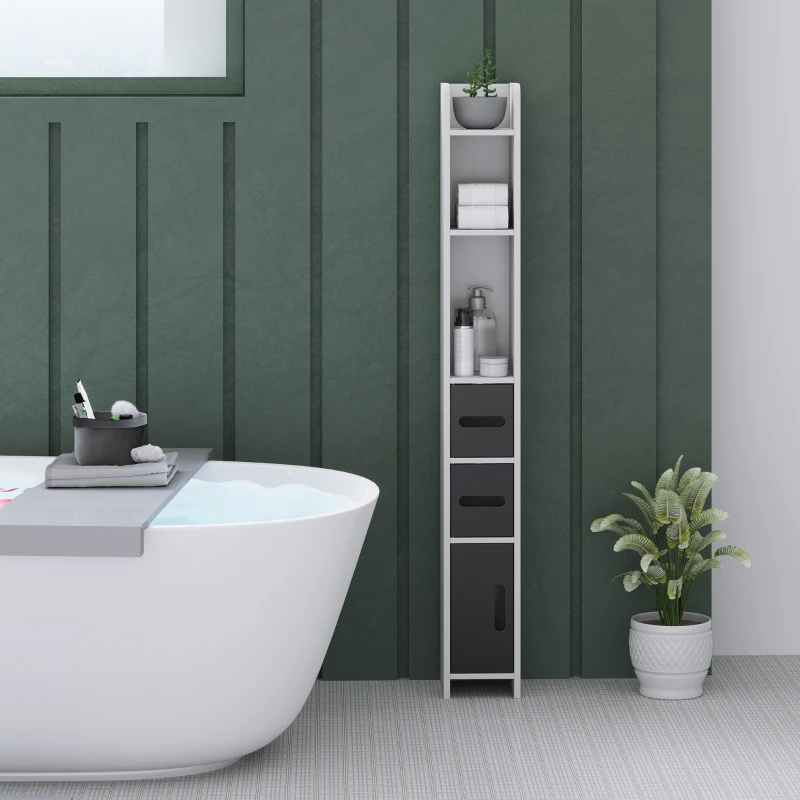 kleankin Coluna Casa de Banho com 3 Portas e 3 Prateleiras Abertas Coluna Auxiliar  Estilo Moderno 15x17x120 cm Branco e Preto