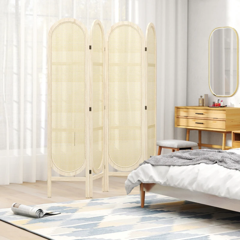 HOMCOM Paravent interieur en bois 4 panneaux 170 x 160 cm pliable et portable, motif tissé à la main, bois naturel