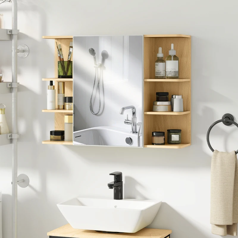 HOMCOM Armario de Baño de Pared con Espejo Puerta Estantes Abiertos 80x20x59 cm Natural