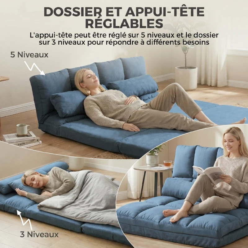 HOMCOM Chauffeuse matelas d'appoint pliant convertible - inclinaison dossier réglable 14 positions - 2 coussins inclus, bleu