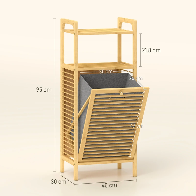 HOMCOM Bamboo Laundry Cabinet with Slatted Door, Bathroom Cabinet with Tilt-Out Hamper and Removable Liner Bag, 40 x 30D x 95 cm, Natural Wood Finish