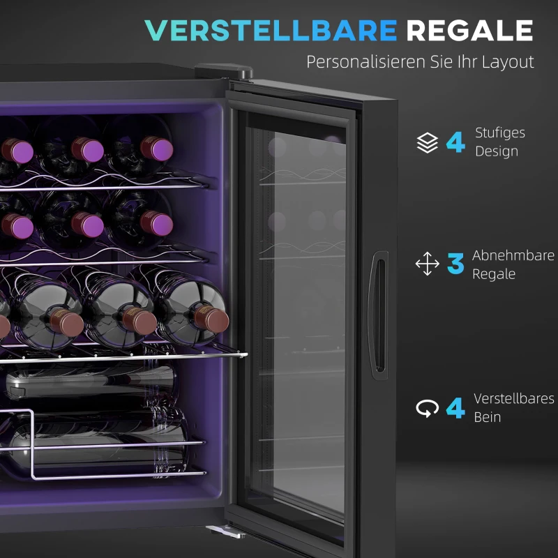 HOMCOM Vrijstaande wijnkoelkast, 16 flessen, voor thuisbar, woonkamer, keuken Touchscreen, glazen deur, LED-verlichting(m-6)