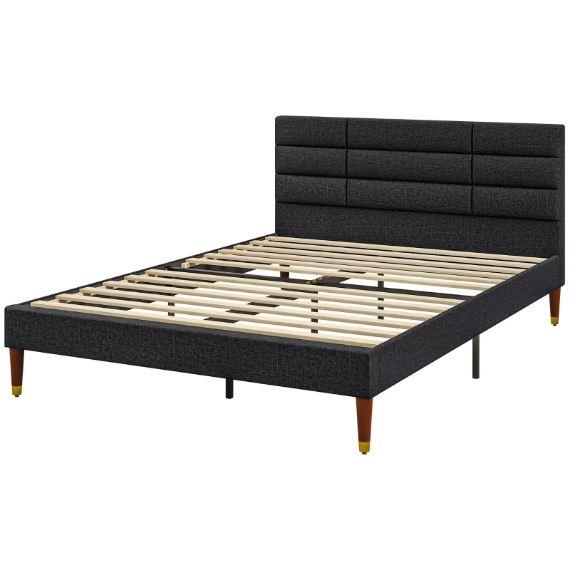 HOMCOM Cadre de lit double 2 personnes avec sommier à lattes et tête de lit capitonnée compatible matelas 140 x 200 cm noir