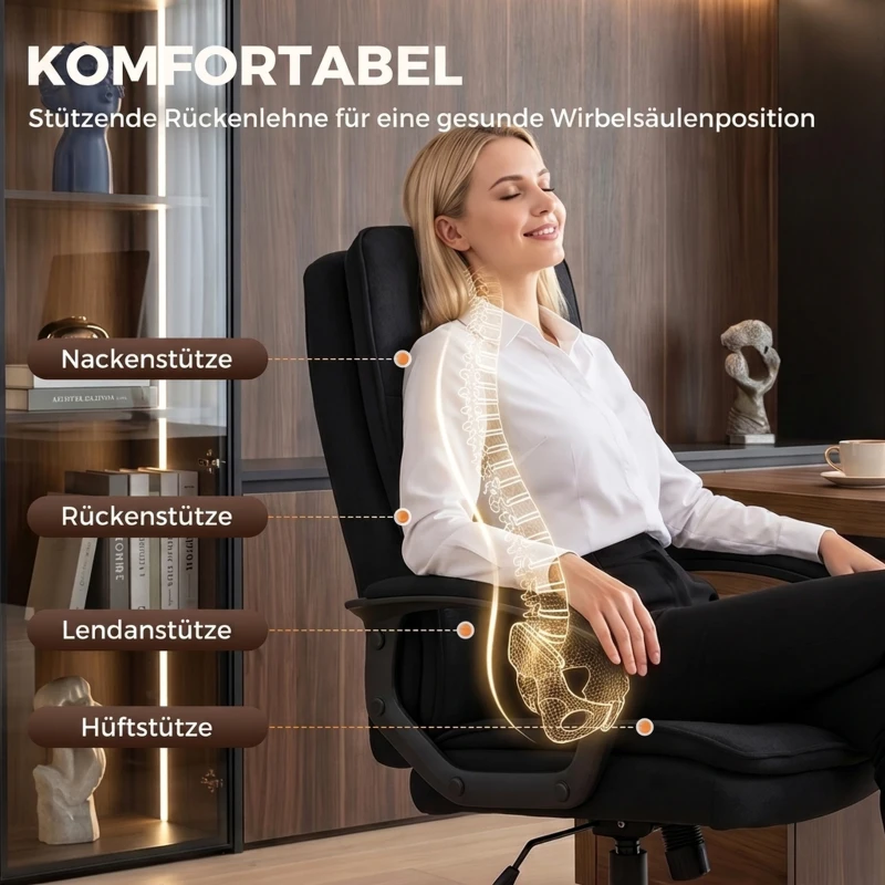 HOMCOM Chefsessel mit doppellagiger Polsterung, Bürostuhl aus Stoff, höhenverstellbar, mit Armlehnen, Schwarz