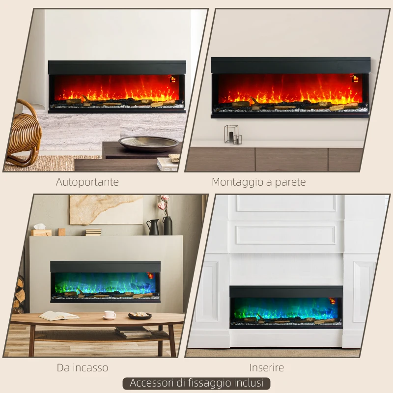 HOMCOM Camino Elettrico da Incasso e Parete 1800W con Fiamme Colorate LED Regolabili, Temperatura fino 40°C, Nero