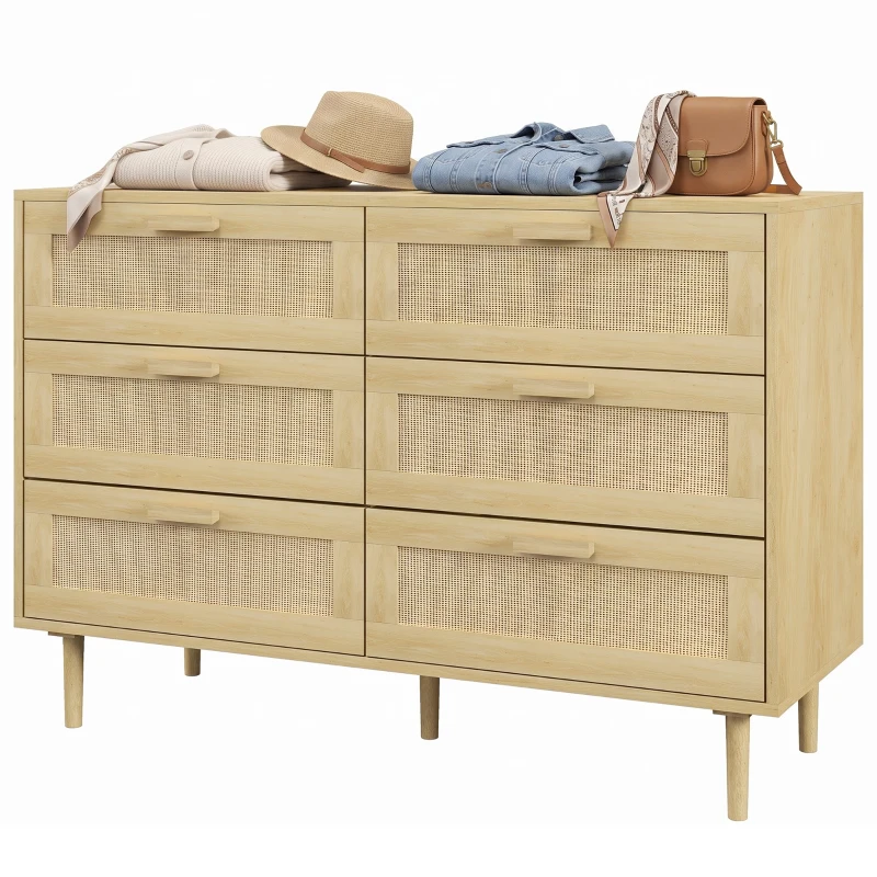 HOMCOM Cómoda para Dormitorio con 6 Cajones con Frontal de Ratán Patas de Madera Cajonera Estilo Bohemio 110x40x75 cm Roble