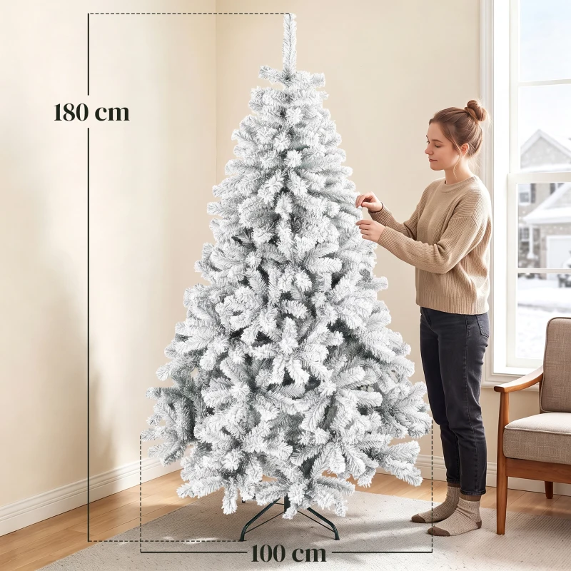 HOMCOM Árvore de Natal Nevada 180 cm com 650 Pontas em PVC Ignífugo Ramos Articulados Montagem Rápida Verde e Branco