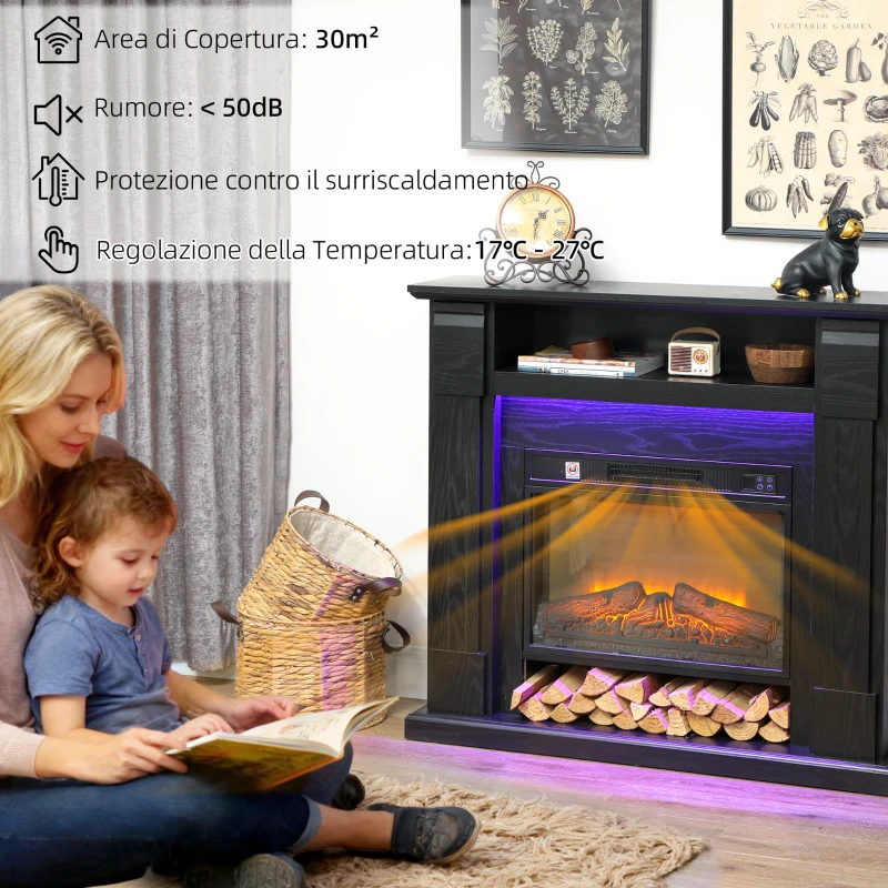 HOMCOM Camino Elettrico 1800W Regolabile con Fiamma 3D, Ripiano, Timer e Telecomando, 105x27x97 cm, Nero