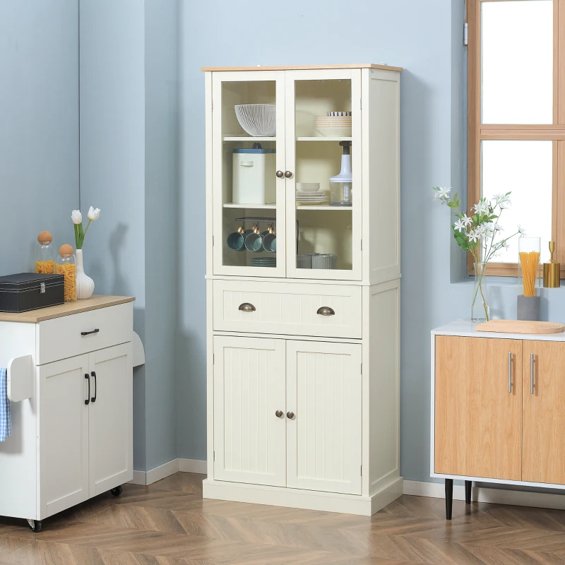 HOMCOM Alacena de Cocina Aparador Alto de Comedor con Vitrina Cajón y Armario con Puertas 76x40x182,5 cm Crema