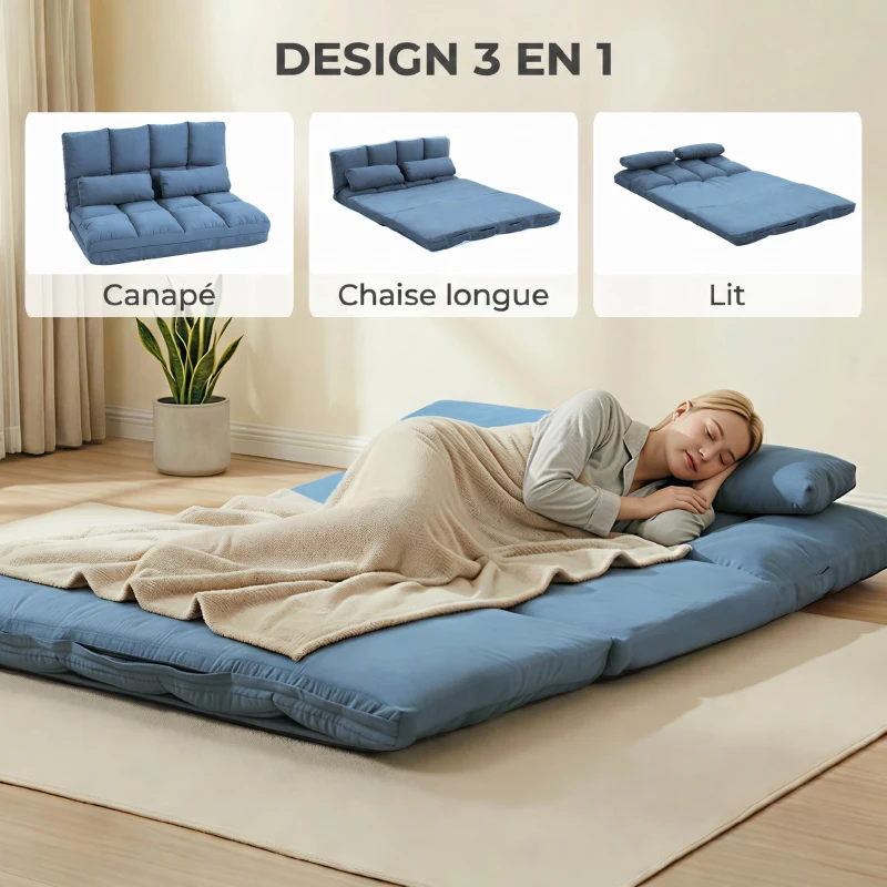 HOMCOM Chauffeuse matelas d'appoint pliant convertible - inclinaison dossier réglable 14 positions - 2 coussins inclus, bleu