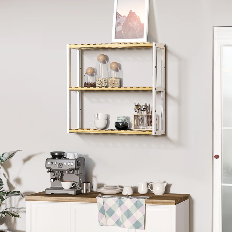 HOMCOM Estante de Parede de Bambu de 3 Níveis Estante Suspensa para Sala de Estar Dormitório Cozinha 60x15x54cm Madeira e Branco