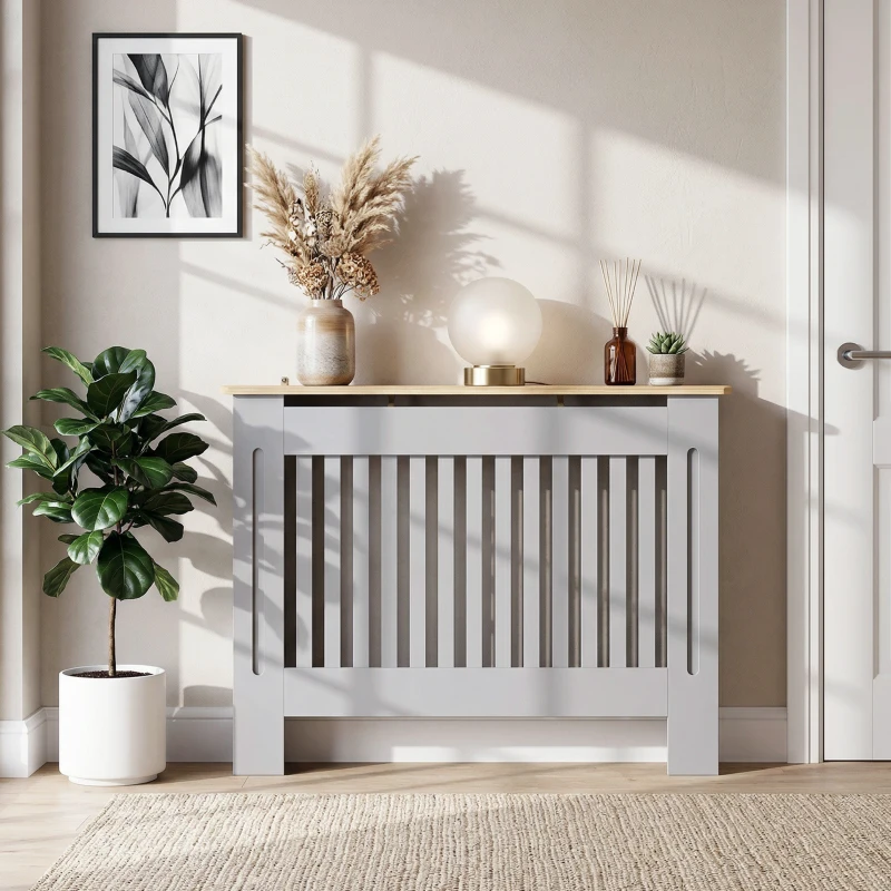 HOMCOM Slatted Radiator Cover, Painted Cabinet with Line Grill Design, 112L × 19W × 81H cm, Grey