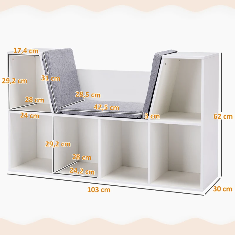 HOMCOM 2-in-1 Kinderregal Regal + Sitzbank inkl. Polster 103 cm × 30 cm × 62 cm Weiß + Grau