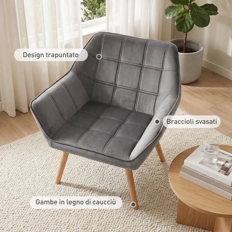 HOMCOM Poltroncina Stile Nordico in Legno ed Effetto Velluto Grigio per Soggiorno o Ufficio, 67x61.5x71 cm