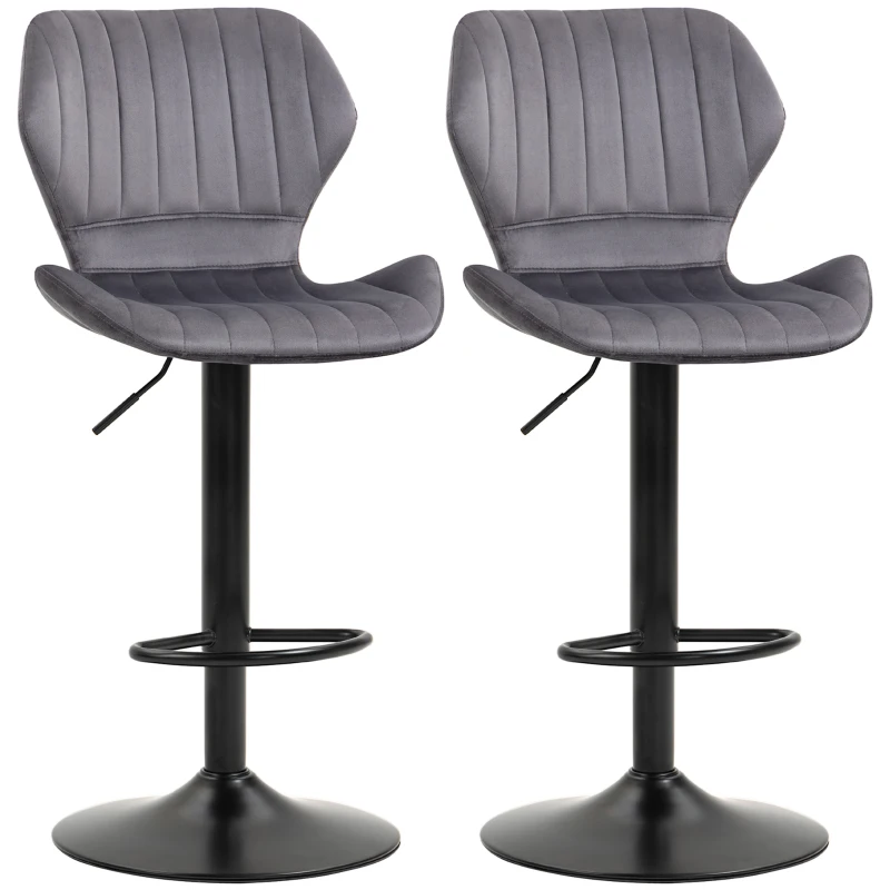 HOMCOM Juego de 2 Taburetes Altos de Cocina y Giratorio Taburetes Altos de Terciopelo con Respaldo y Estructura de Metal 47x51,5x92-114cm Gris