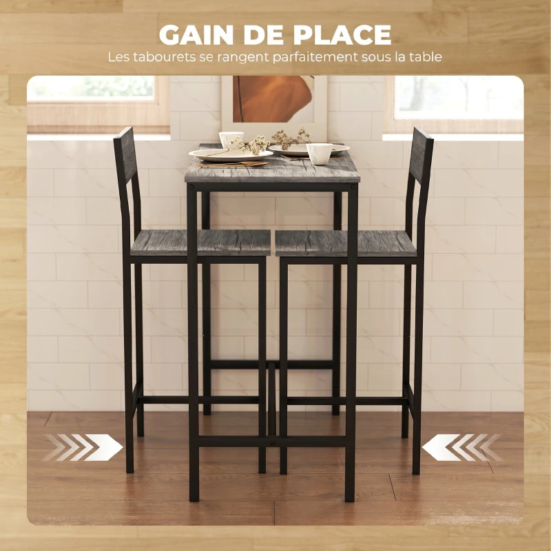 HOMCOM Ensemble table de bar avec tabourets, table à manger debout avec 2 chaises de bar, repose-pieds et dossiers, gris