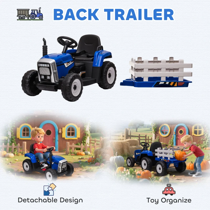 HOMCOM Ride On Tractor, Battery Powered Electric Car, with Detachable Trailer, Remote Control, Music, Blue