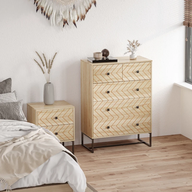 HOMCOM Armario Auxiliar Cajonera Cómoda 5 Cajones Mesilla de Noche Organizador Almacenaje Oficina 80x39,5x110cm