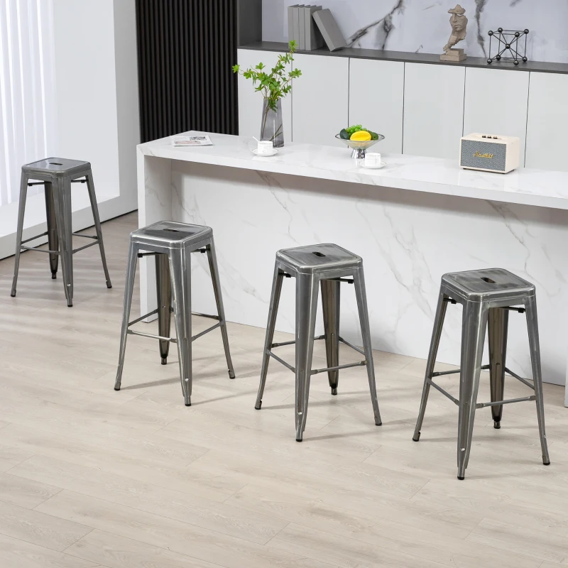 HOMCOM Set 4 Sgabelli Bar Impilabili con Poggiapiedi, Stile Industriale, in Acciaio, per Sala da pranzo, Argento