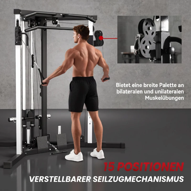 SPORTNOW Kraftstation Fitnessstation mit Latzug, Klimmzugstange Curl-/Ruderstange Griffe, 15-fach verstellbar