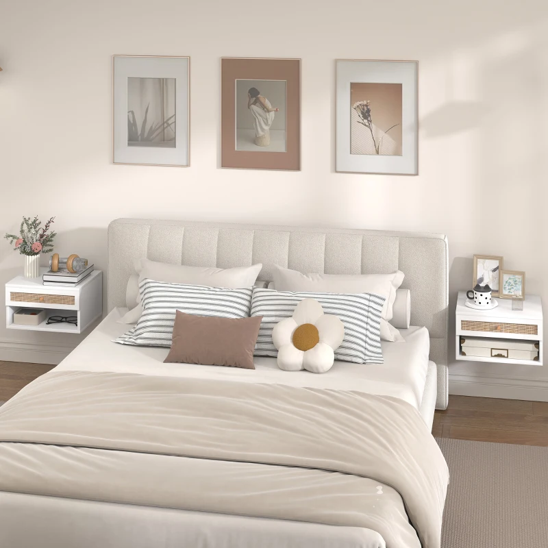 HOMCOM Conjunto de 2 Mesas de Cabeceiras Suspensas com Compartimento Aberto e Gaveta com Frente em Vime 40x34x23 cm Branco