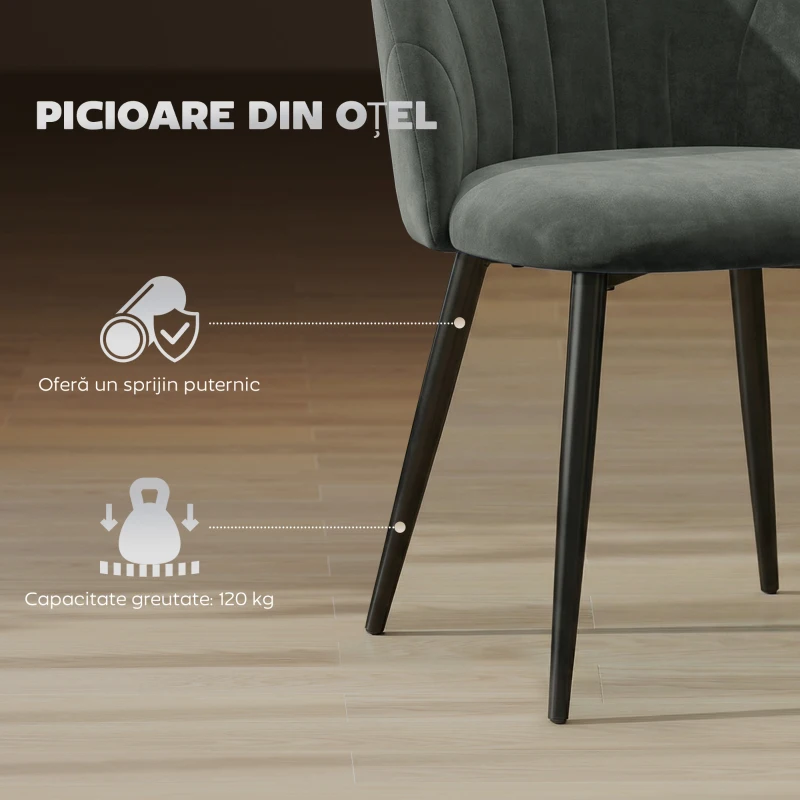 HOMCOM Set 2 Scaune de Sufragerie Tapițate cu Spătar Tip Scoică din Catifea, 52x55x79 cm, Gri