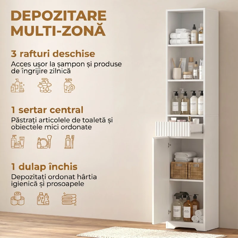 HOMCOM Dulap de Baie Înalt, Dulap Independent cu Raft Reglabil, Alb