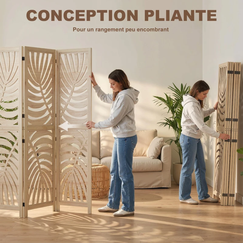 HOMCOM Paravent interieur en bois 6 panneaux 240 x 170 cm, pliable et portable, motif de feuille, design amovible, bois naturel