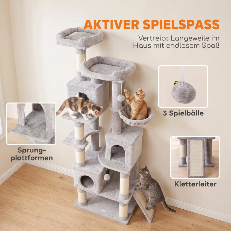 PawHut Kratzbaum Große, 200 cm hoch Katzenbaum mit 2 Betten, 3 Höhlen, Hängematte, 3 Bällen für 1-3 Katzen unter 6 kg, Hellgrau