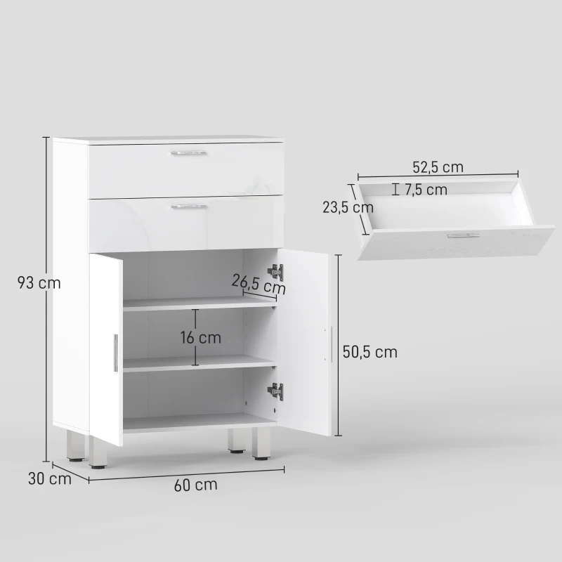 kleankin Mueble Auxiliar Baño Moderno con 2 Cajones Armario y Estantes Ajustables Antivuelco Carga 35 kg 60x30x93 cm Blanco