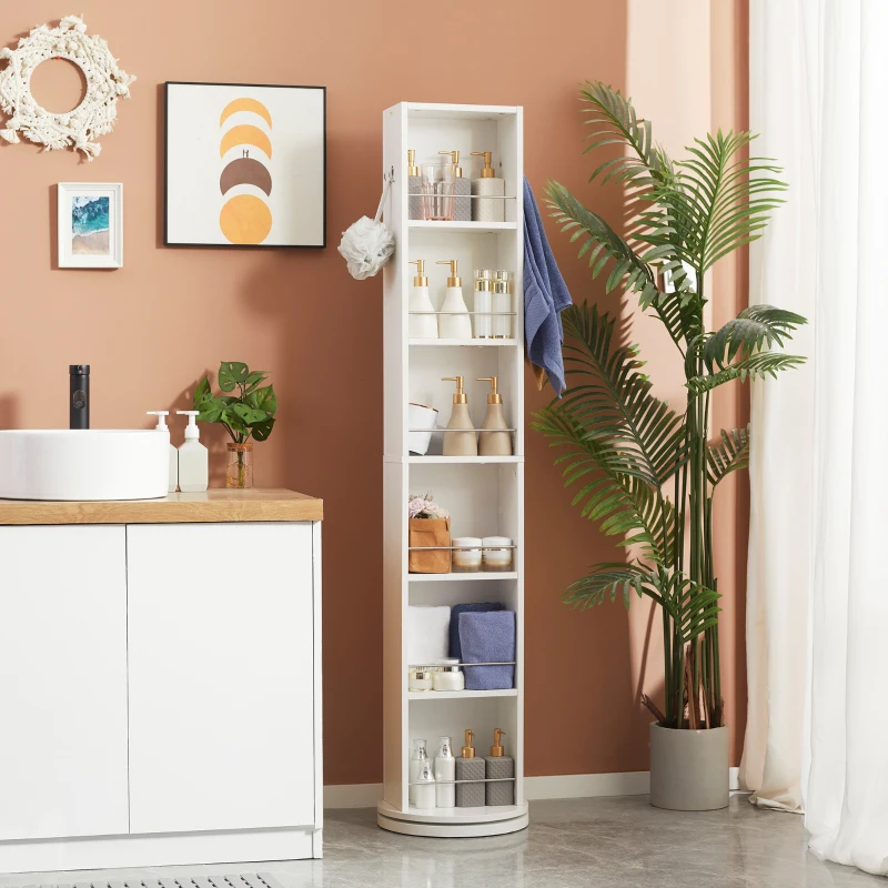 kleankin Armario Alto de Baño Giratorio Columna Auxiliar de Baño de 6 Niveles con Espejo de Cuerpo Entero 36x36x171 cm Blanco