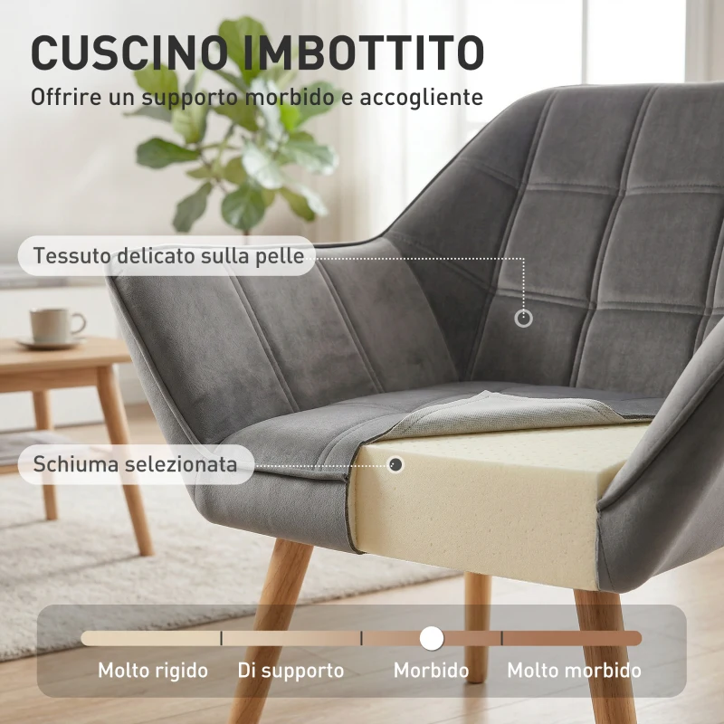 HOMCOM Poltroncina Stile Nordico in Legno ed Effetto Velluto Grigio per Soggiorno o Ufficio, 67x61.5x71 cm
