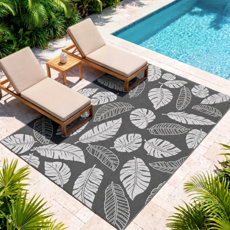 Outsunny Outdoor Wendeteppich, wasserfest, Blattmuster, 182x274cm, Grau/Weiß