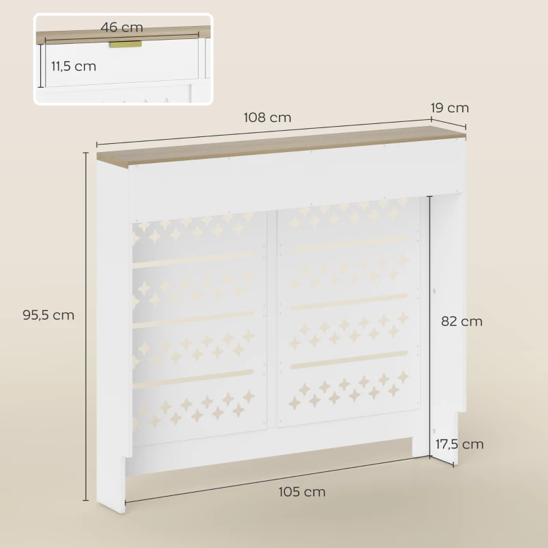 HOMCOM Couvercle de radiateur, cache radiateur avec placard rabattable et étagère supérieur, 108 x 19 x 95,5 cm, blanc