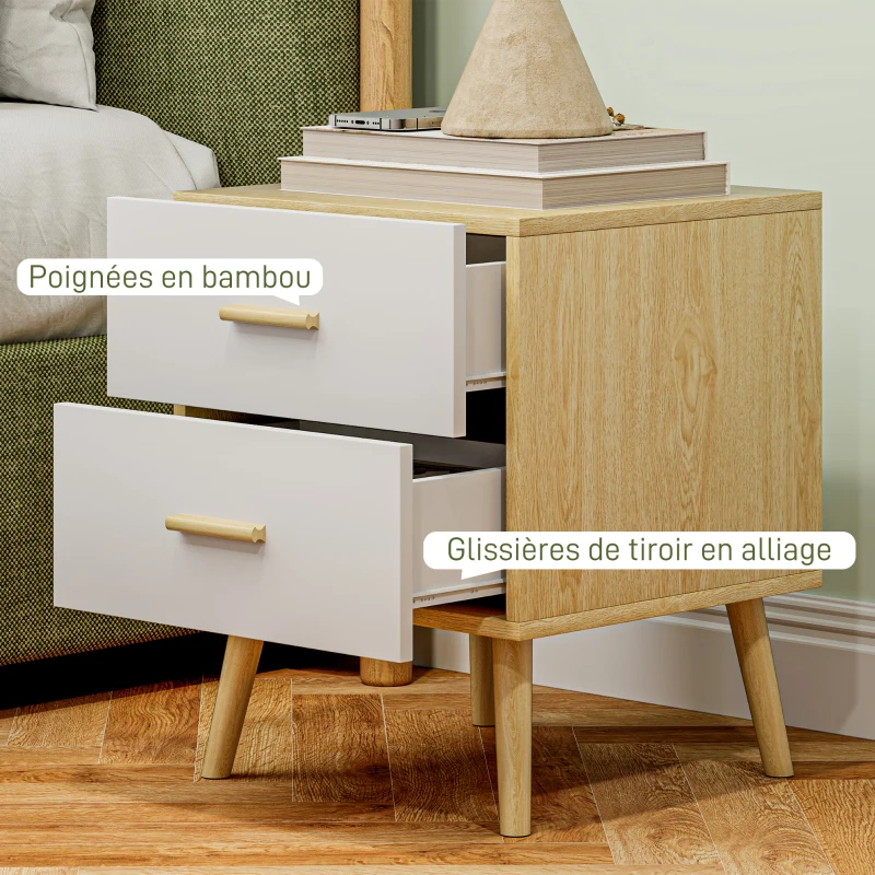 HOMCOM Table de chevet, table de nuit avec 2 tiroirs, style moderne, pour chambre à coucher, salon, 40 x 40 x 50 cm, chêne