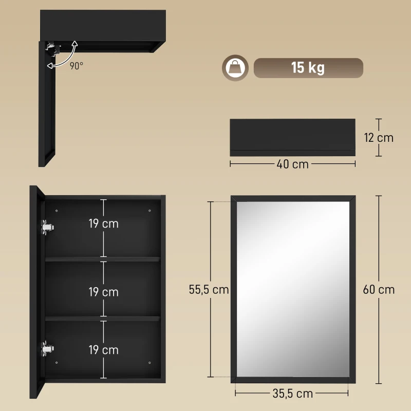kleankin Armoire miroir de salle de bain armoire murale armoire à glace avec 1 porte et 2 étagères en acier 40 x 12 x 60 cm noir