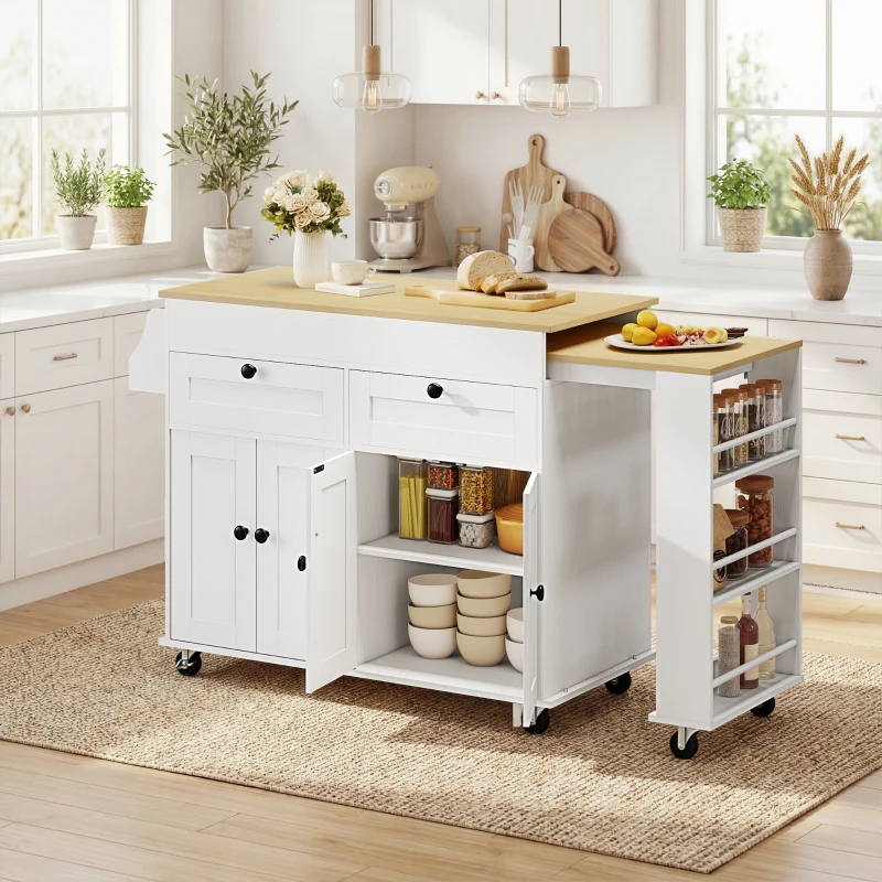 HOMCOM îlot central cuisine avec plateau extensible, desserte de cuisine sur roulettes avec 2 tiroirs, 4 portes, blanc