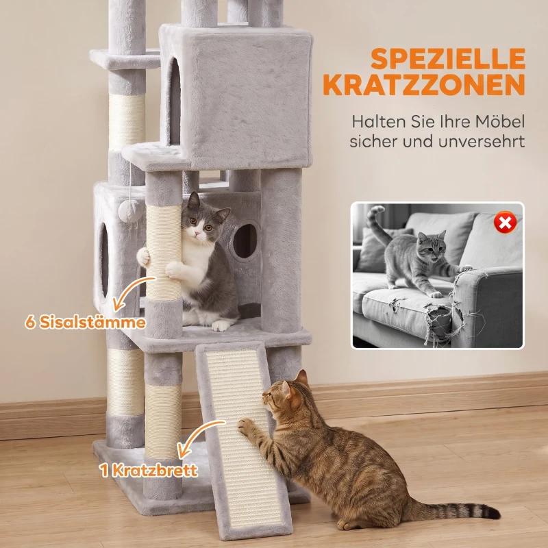 PawHut Kratzbaum Große, 200 cm hoch Katzenbaum mit 2 Betten, 3 Höhlen, Hängematte, 3 Bällen für 1-3 Katzen unter 6 kg, Hellgrau